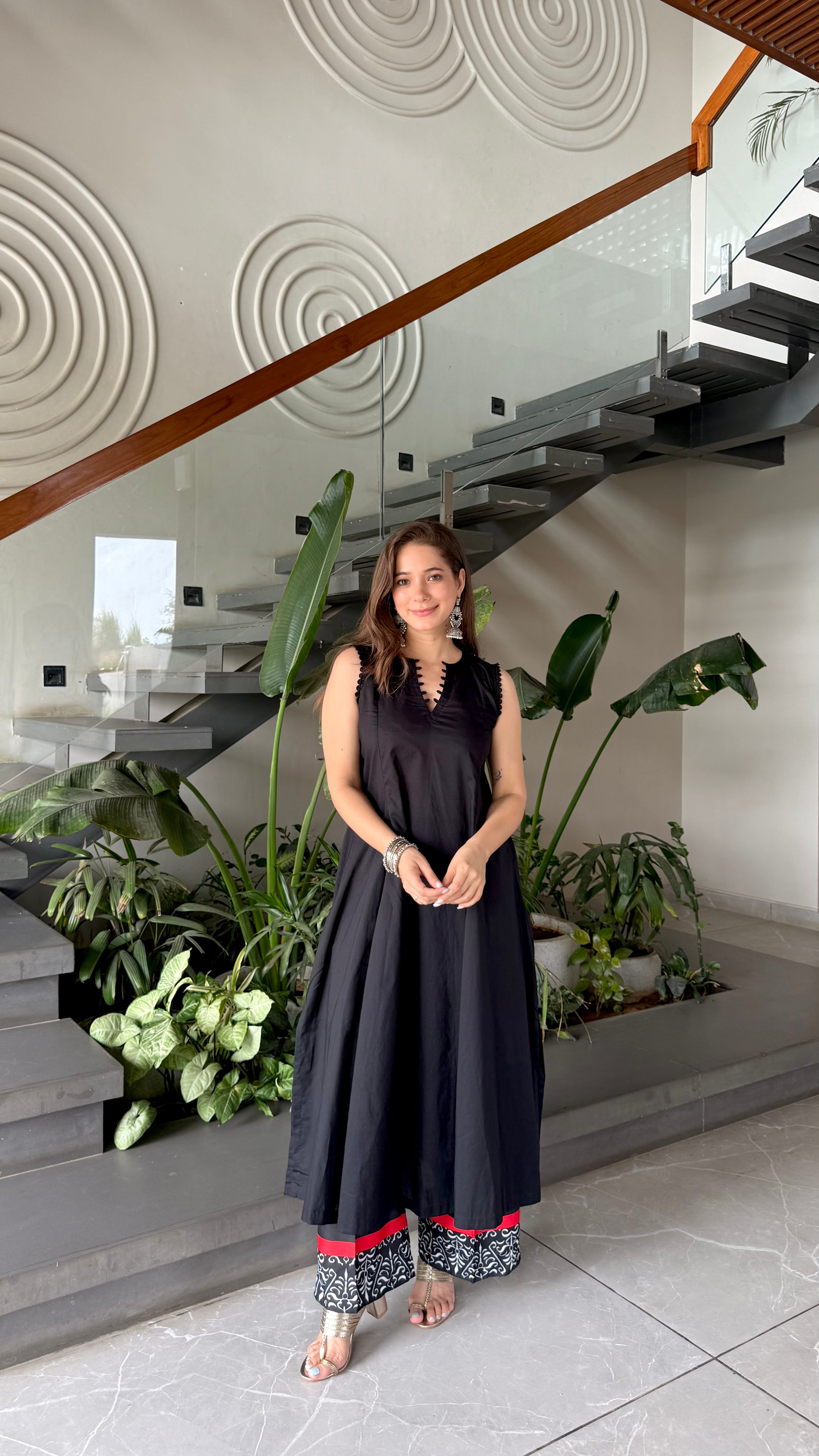 Black polka A-line kurta Set