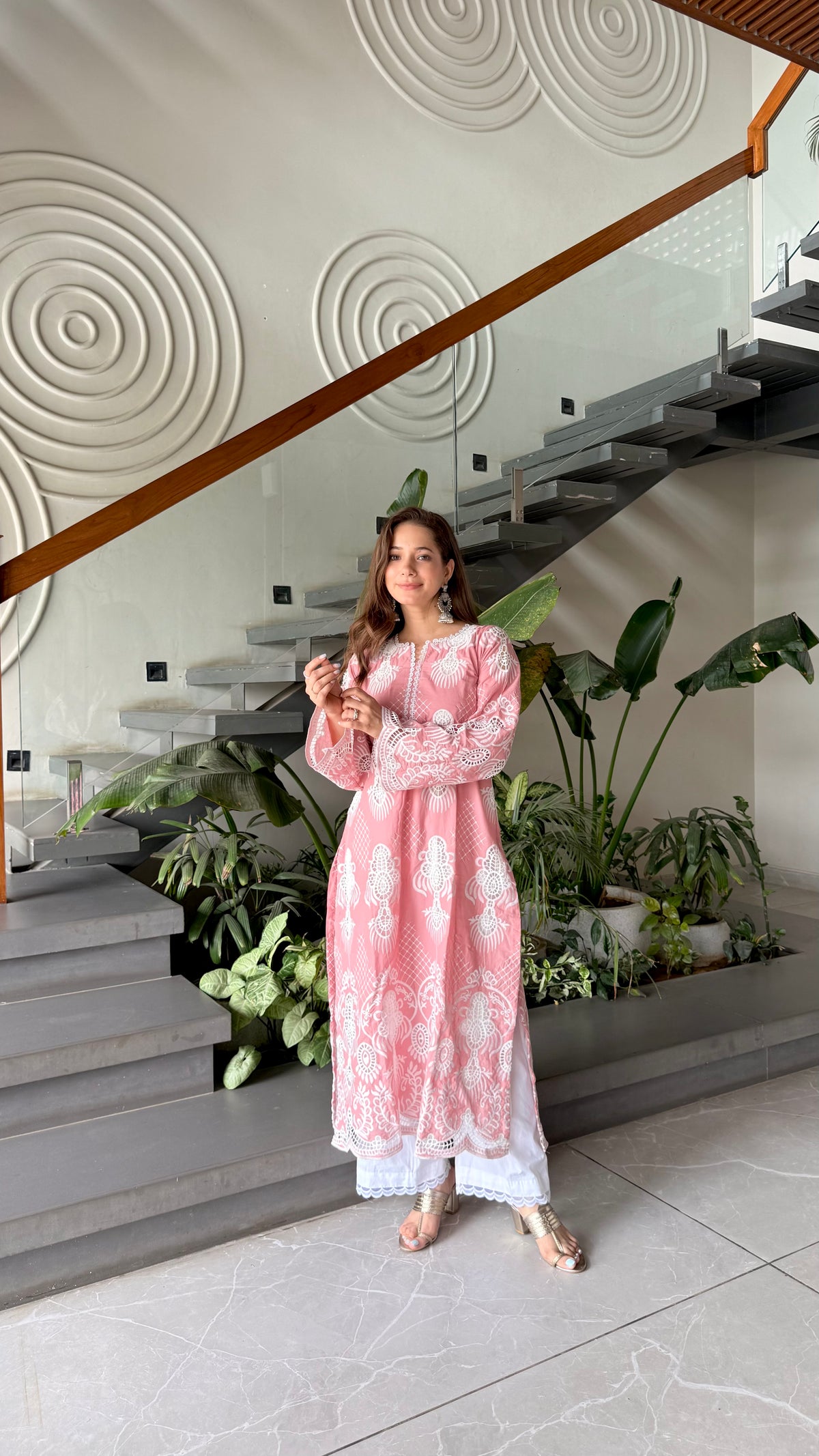 Peach pink Embroidered Kurta Set