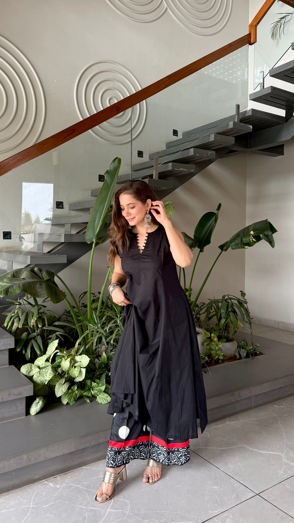 Black polka A-line kurta Set