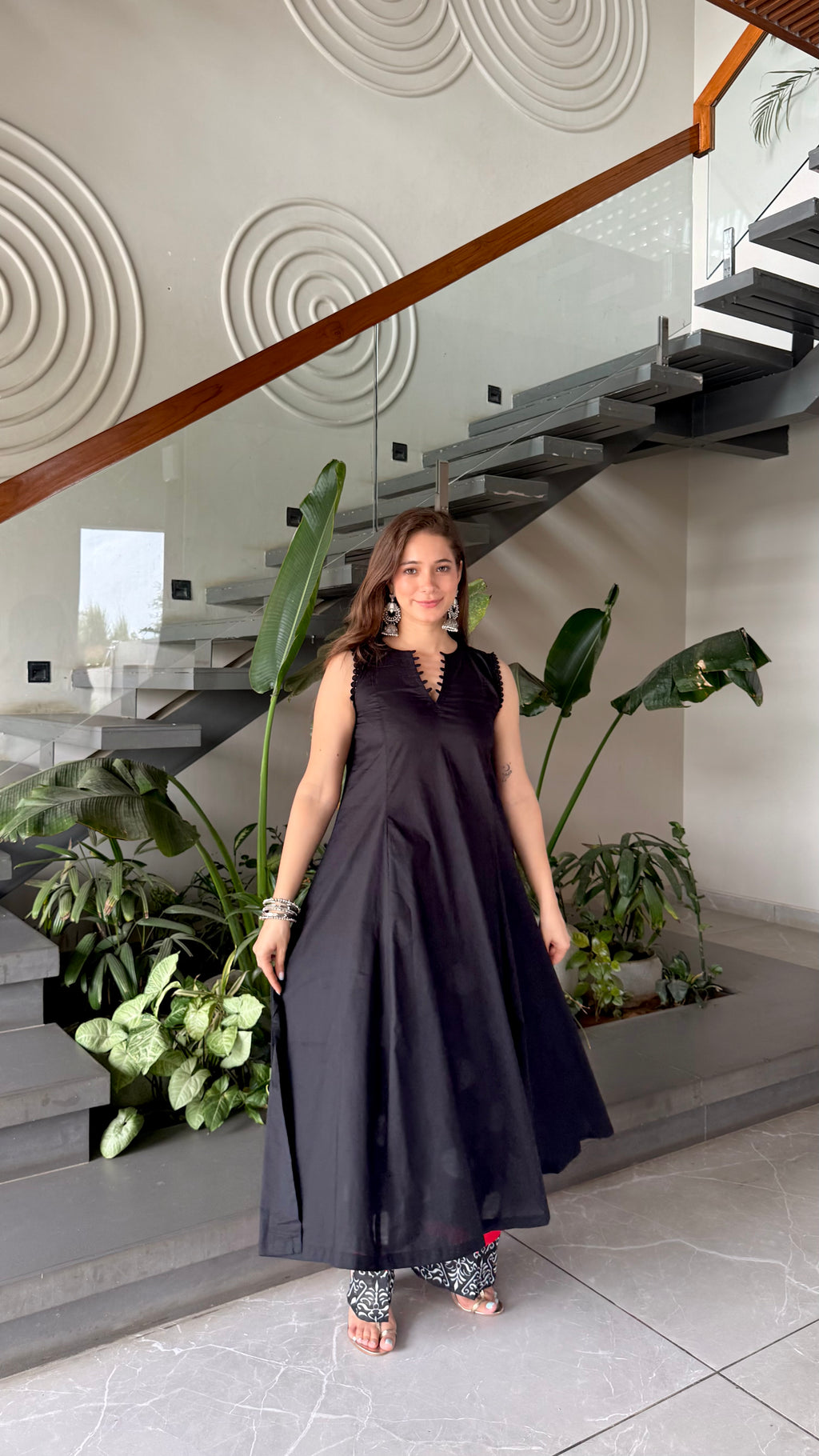 Black polka A-line kurta Set