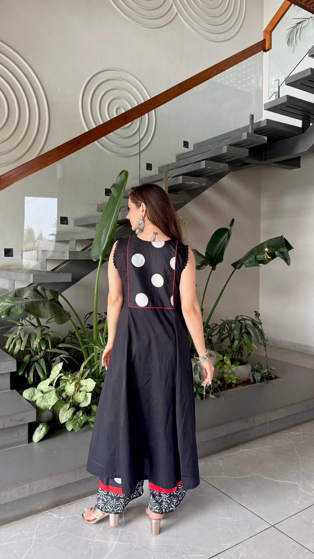 Black polka A-line kurta Set