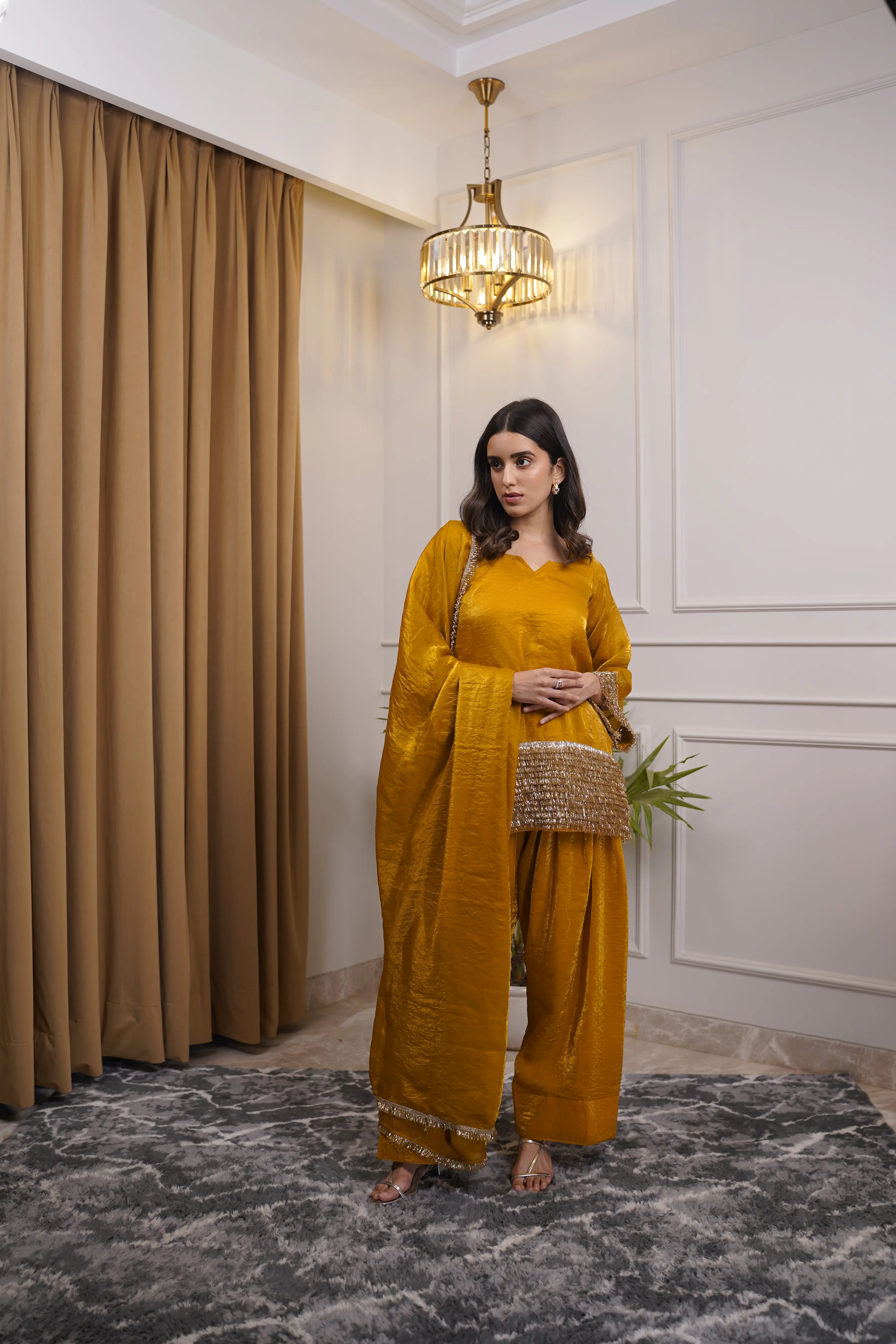 Noor Mustard Pure Silk Organza Farshi Set