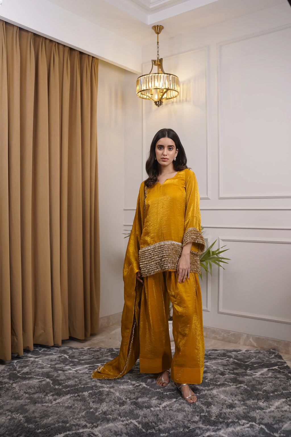 Noor Mustard Pure Silk Organza Farshi Set