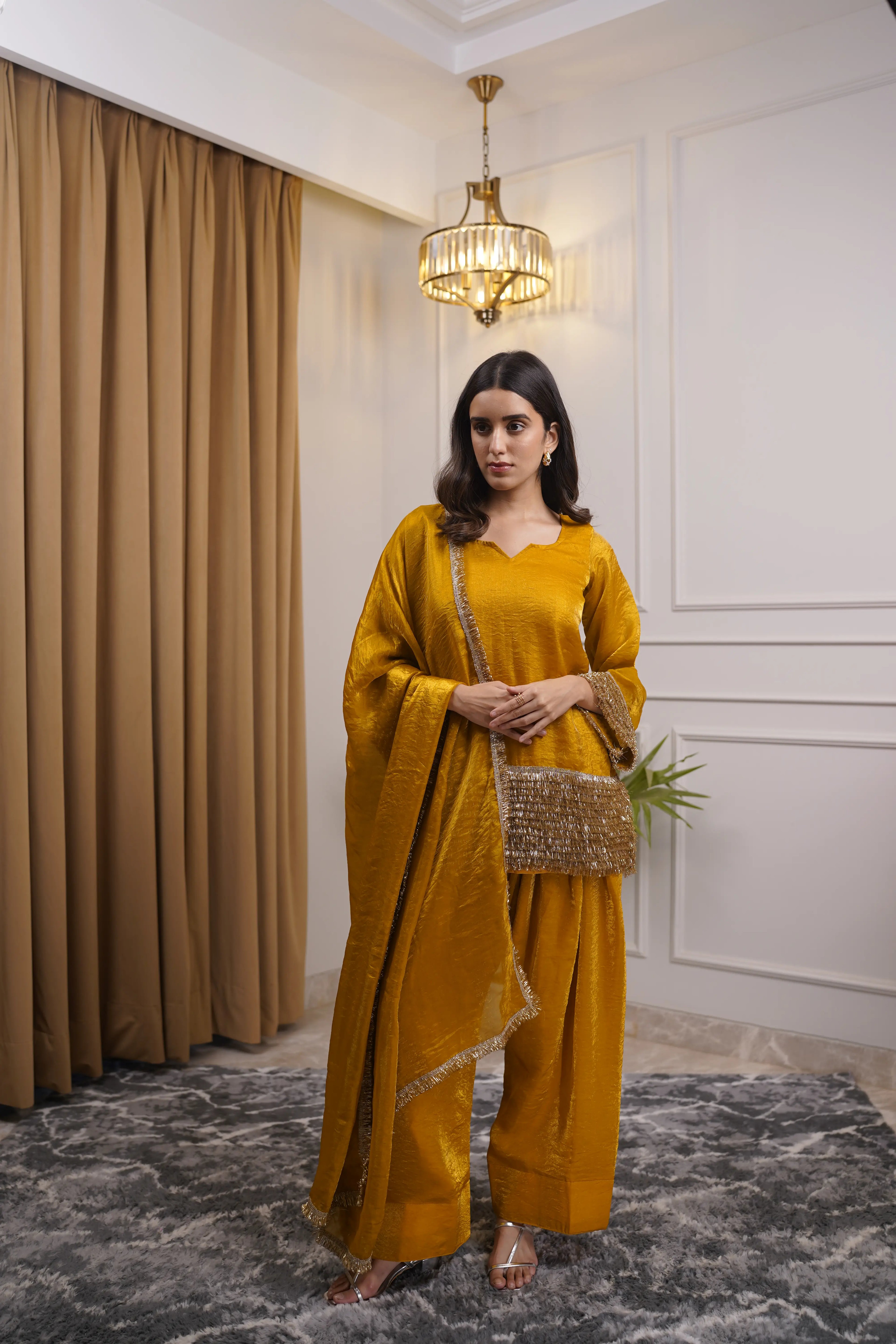 Noor Mustard Pure Silk Organza Farshi Set