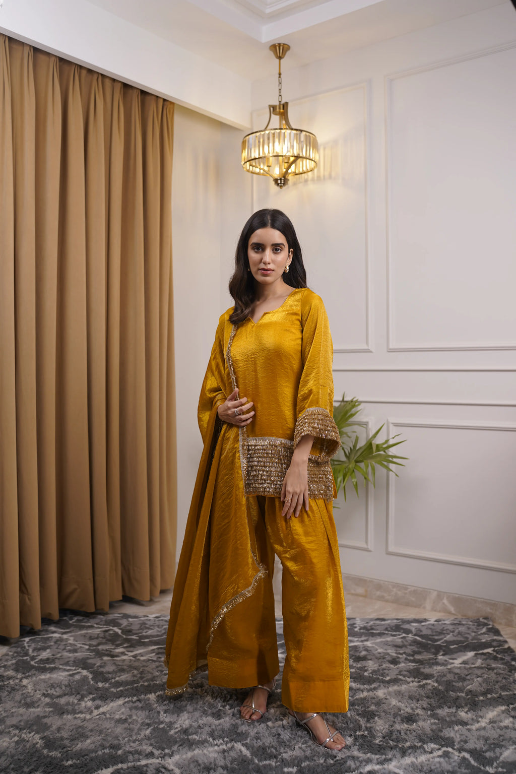 Noor Mustard Pure Silk Organza Farshi Set