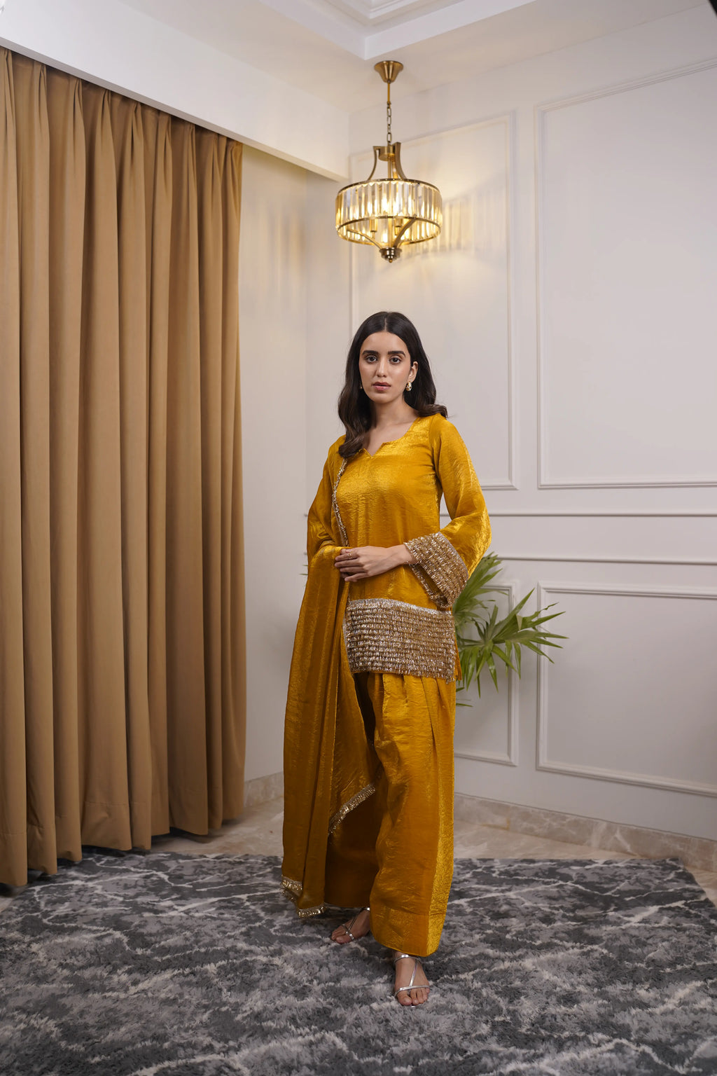 Noor Mustard Pure Silk Organza Farshi Set
